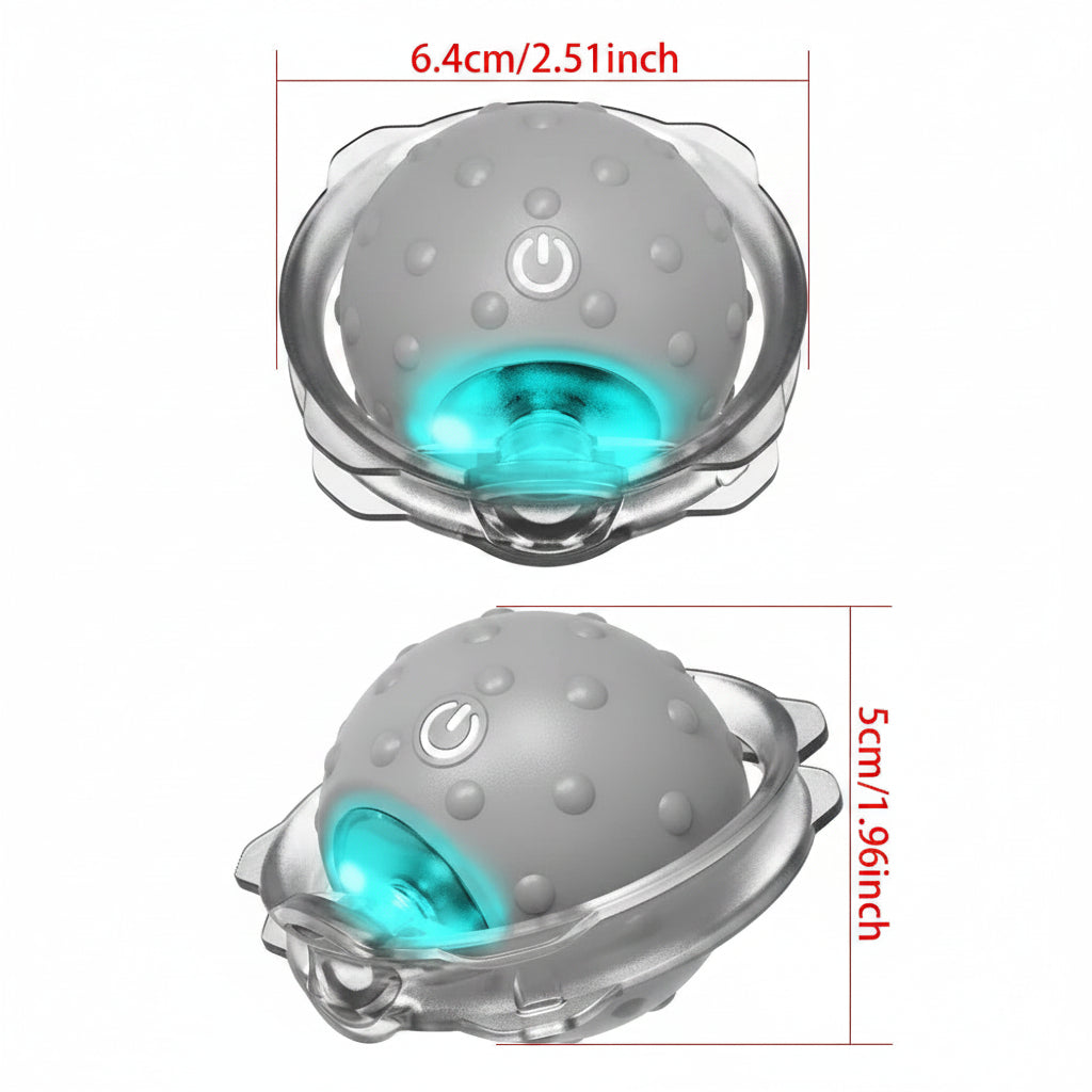 Gray and clear device with blue light, showing dimensions on a white background