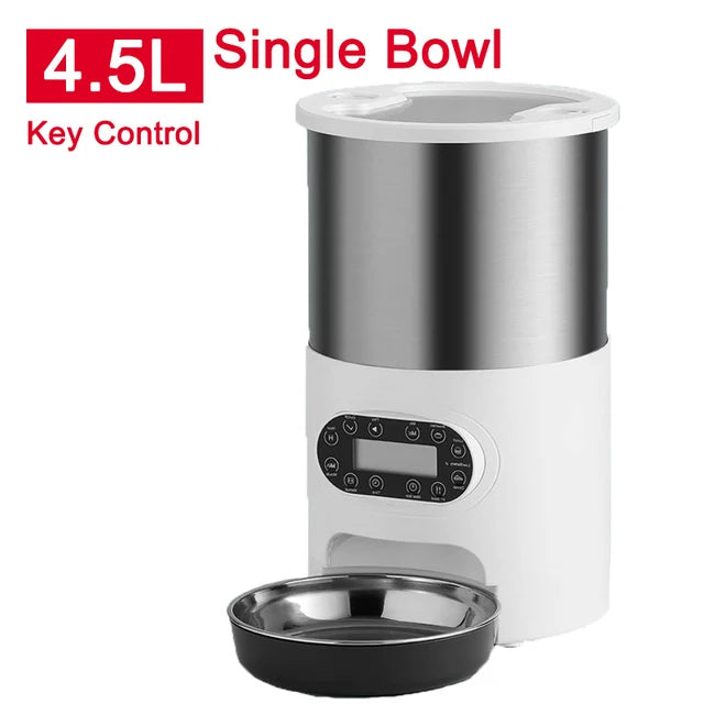 Stainless steel and white pet food dispenser with digital display on a white background
