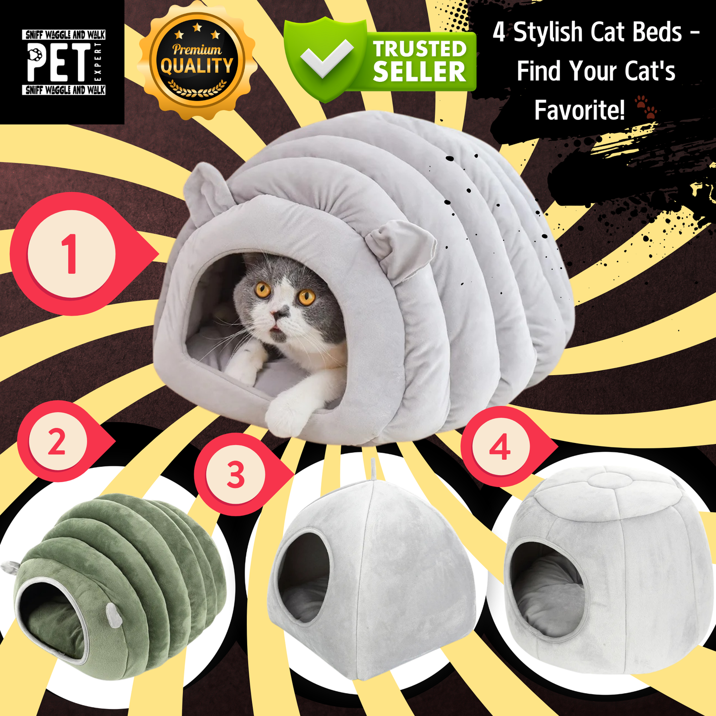 Explore Our Collection of 4 Unique Cat Beds – Comfort in Every Style! 🐾Sniffwaggleandwalk™