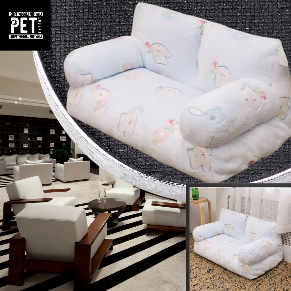 Yellow sofa pet bed on wooden floor beside bedroom furniture — L size — SniffWaggleNWalk