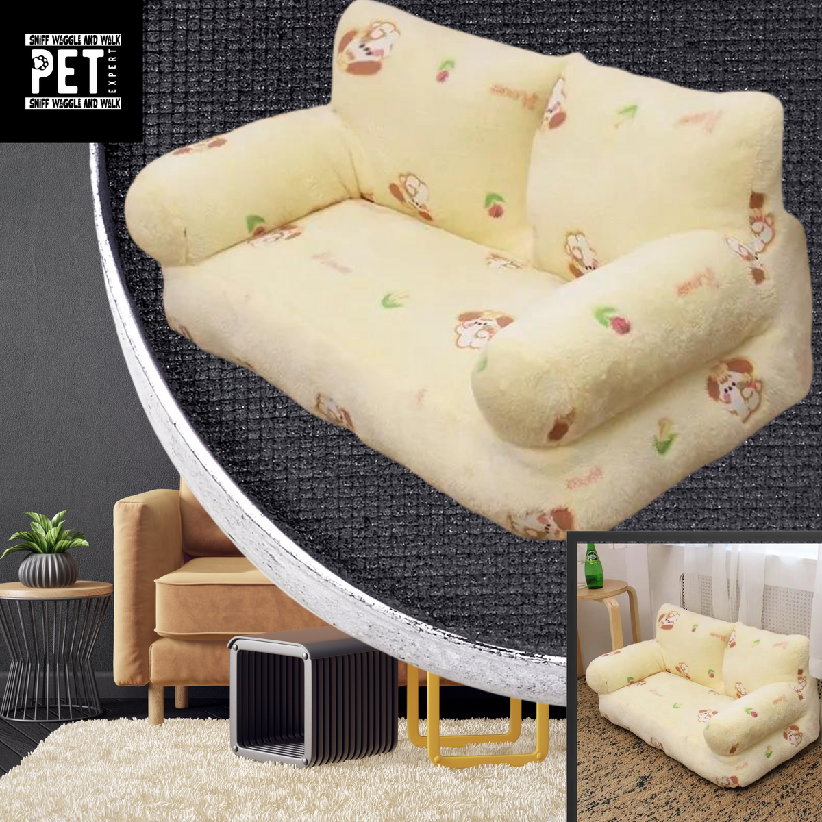 Sofa-style cat and dog bed in yellow cartoon print — internal sleeping area recessed between padded arms — SniffWaggleNWalk