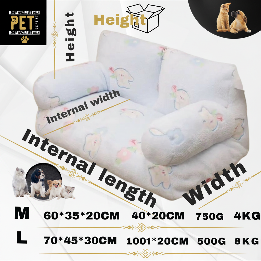 Sofa pet bed construction diagram — plush outer, cotton fill, non-slip base — M and L dimensions — SniffWaggleNWalk