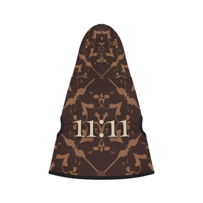 back view of heirloom alignment pet hoodie showing full patterned fabric