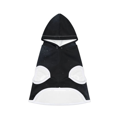 Close-up of black galaxy pet hoodie with 222 print