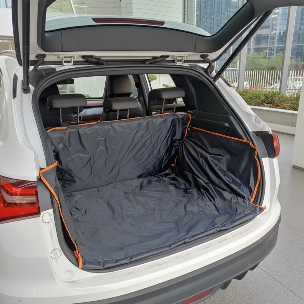 Universal waterproof dog boot liner protecting SUV interior from muddy paws and pet hair