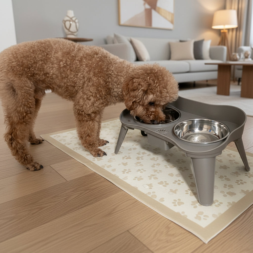 Close-up of food-grade stainless steel bowl from SuperDesign elevated dog feeder
