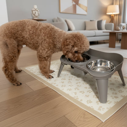 Close-up of food-grade stainless steel bowl from SuperDesign elevated dog feeder