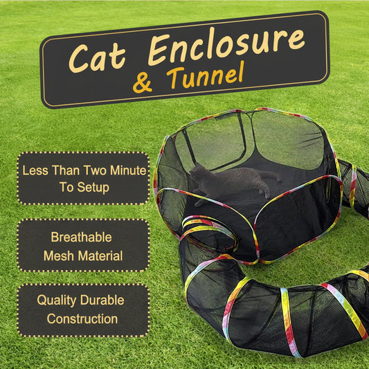 Cat enclosure and tunnel on grass with text highlighting features