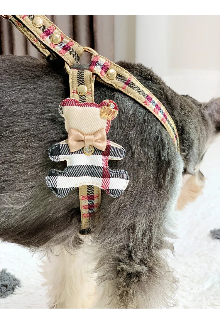 Close-up of British plaid harness fabric and metal clasp detail