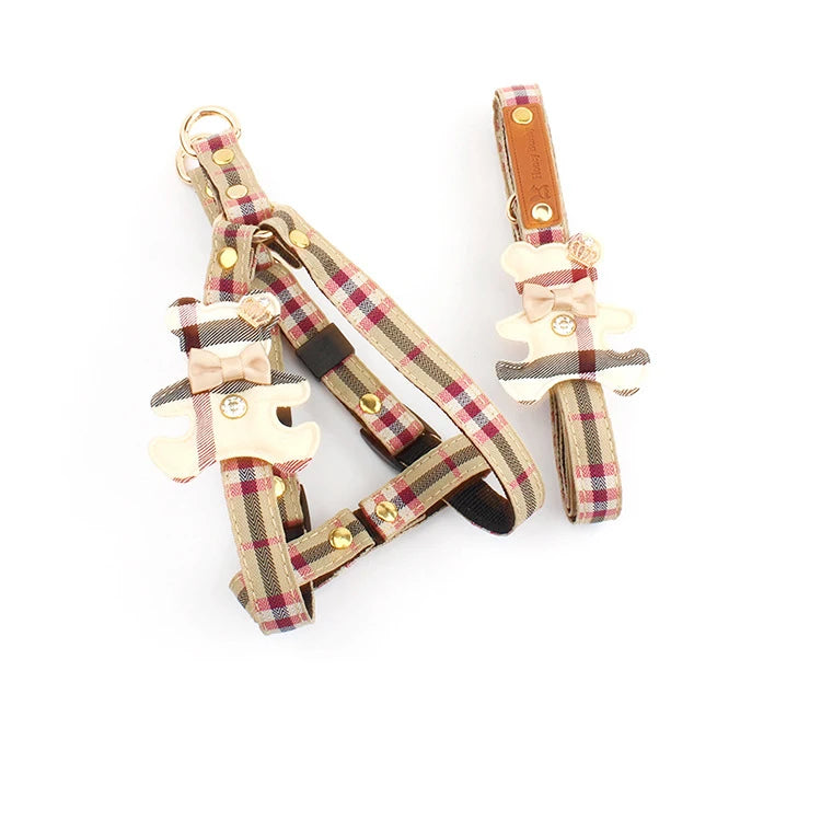 British style plaid pet accessories harness and leash bundle
