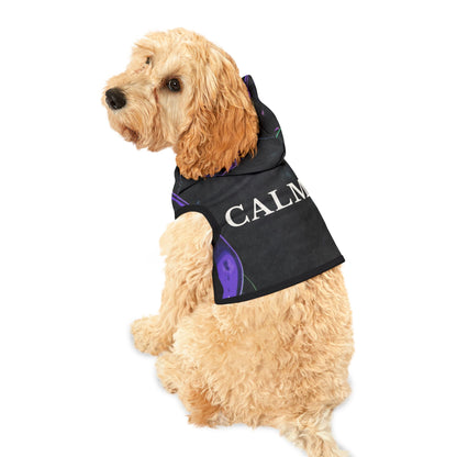 Dog wearing CALM flow typography hoodie in minimalist style