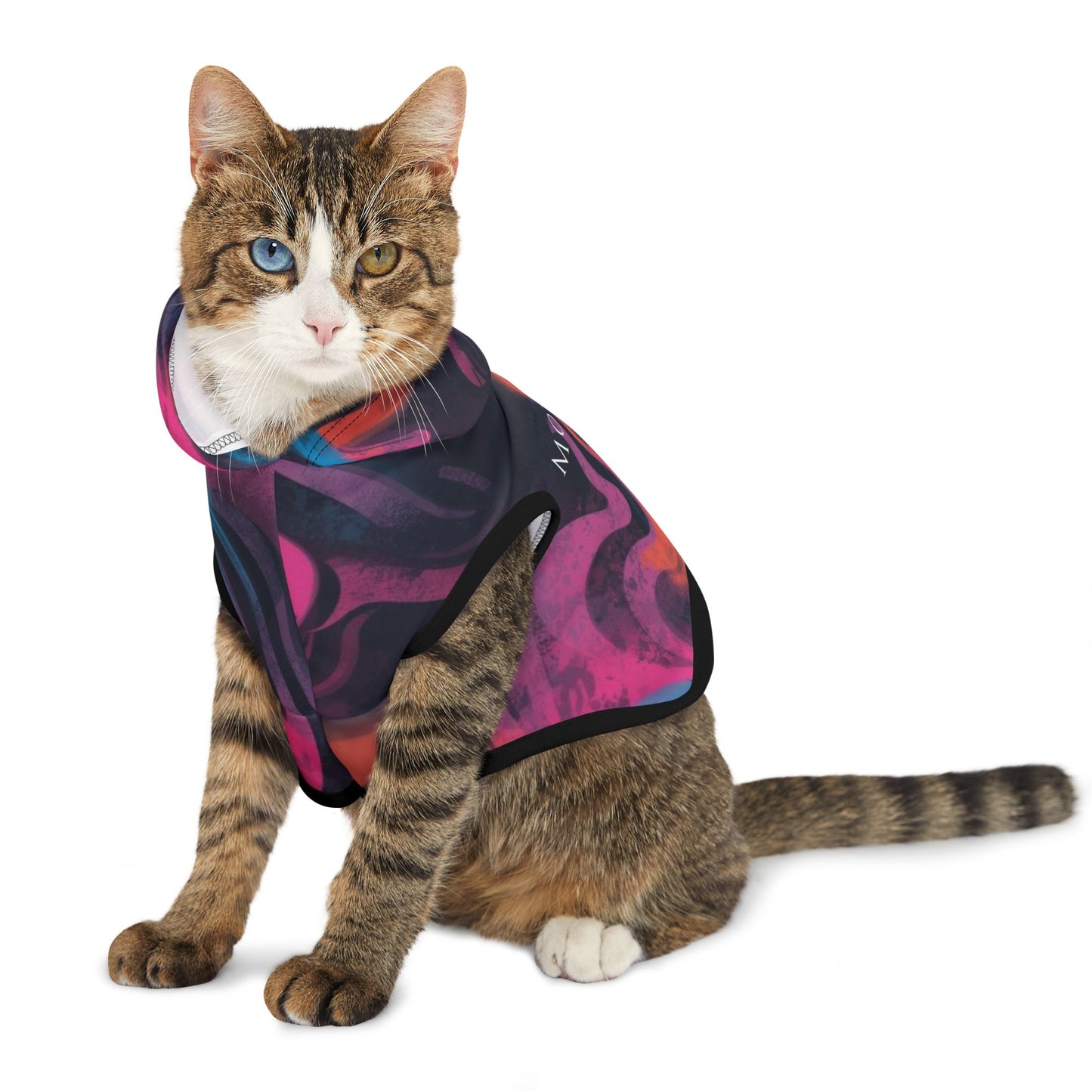 Cat wearing a colorful patterned coat on a white background