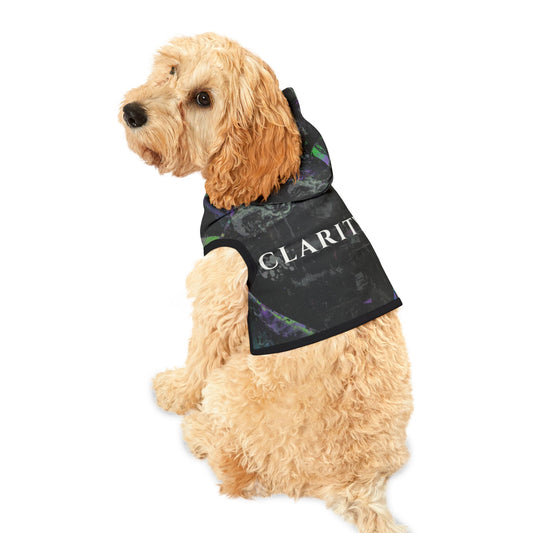 Dog wearing CLARITY flow typography hoodie in minimalist style