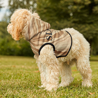 Detail view of calm abstract pattern on slow living dog hoodie