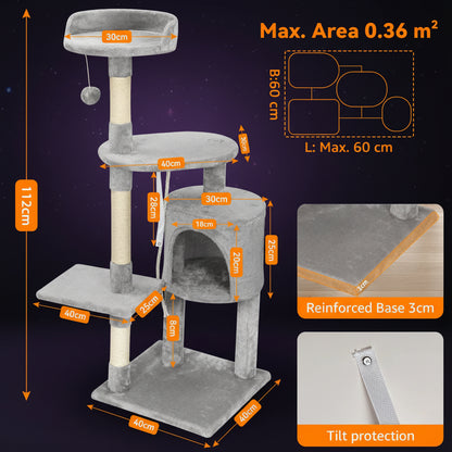 Strong base cat tree tower with scratching posts grey