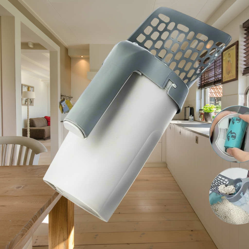 Cat litter scoop with built-in poo bag holder dispensing bag from hollow handle for quick litter tray clean up
