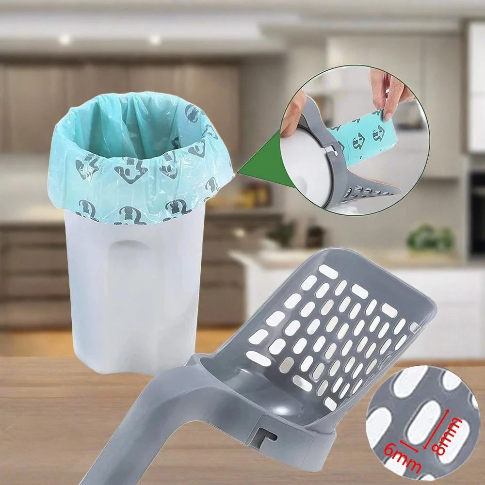 Cat owner using PawSift cat litter scoop with bag holder to clean litter tray quickly in modern home setting