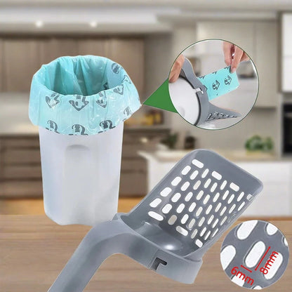 Cat owner using PawSift cat litter scoop with bag holder to clean litter tray quickly in modern home setting