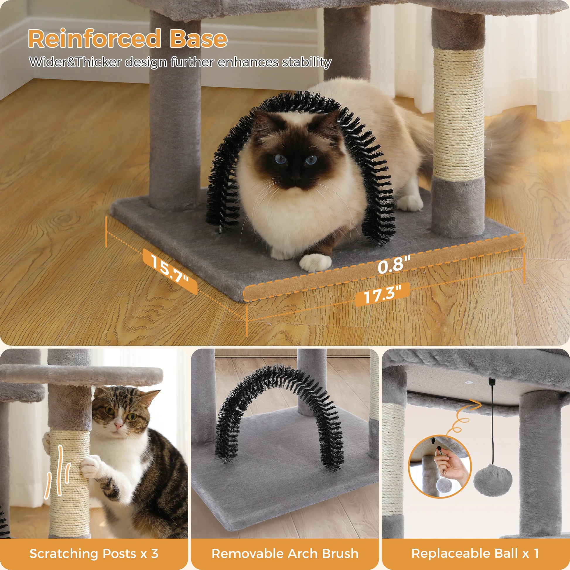 Cat rubbing its face against the arch grooming brush on the PawArch multi-level cat tree