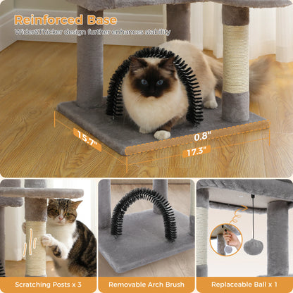 Cat rubbing its face against the arch grooming brush on the PawArch multi-level cat tree