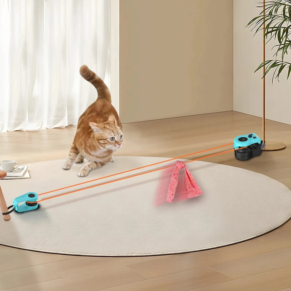 Cat chasing wire lure across room, PawLure cat toy