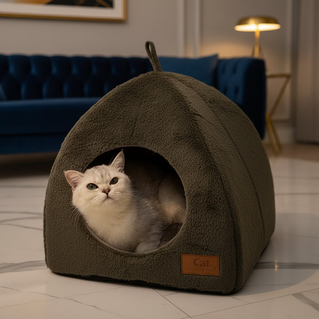Grey-and-white cat peering out from inside a plush igloo cave bed, warm interior fleece visible, entrance arch in foreground
