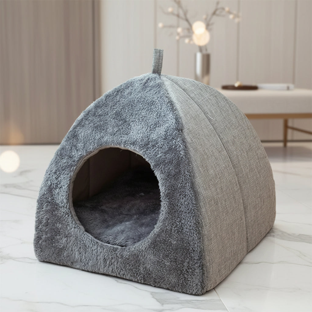 plush igloo cave bed, warm interior fleece visible, entrance arch in foreground