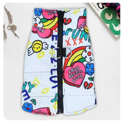 Waterproof dog jacket available in camouflage, yellow, red, white and blue