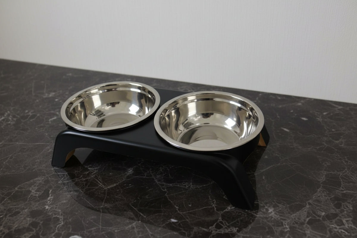 Pet food bowl stand with two stainless steel bowls on a white background