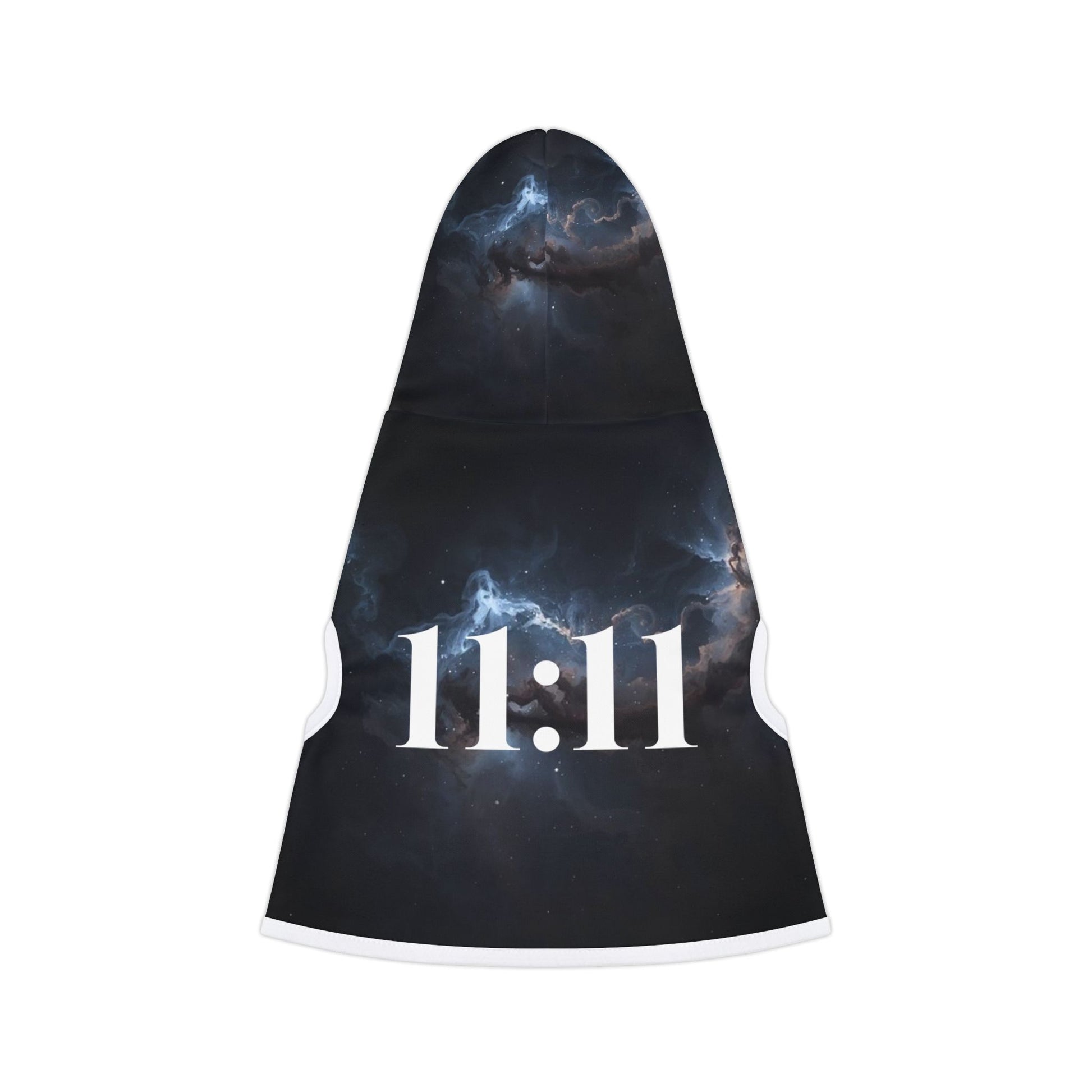 Close-up of 11:11 numerals on galaxy pet hoodie
