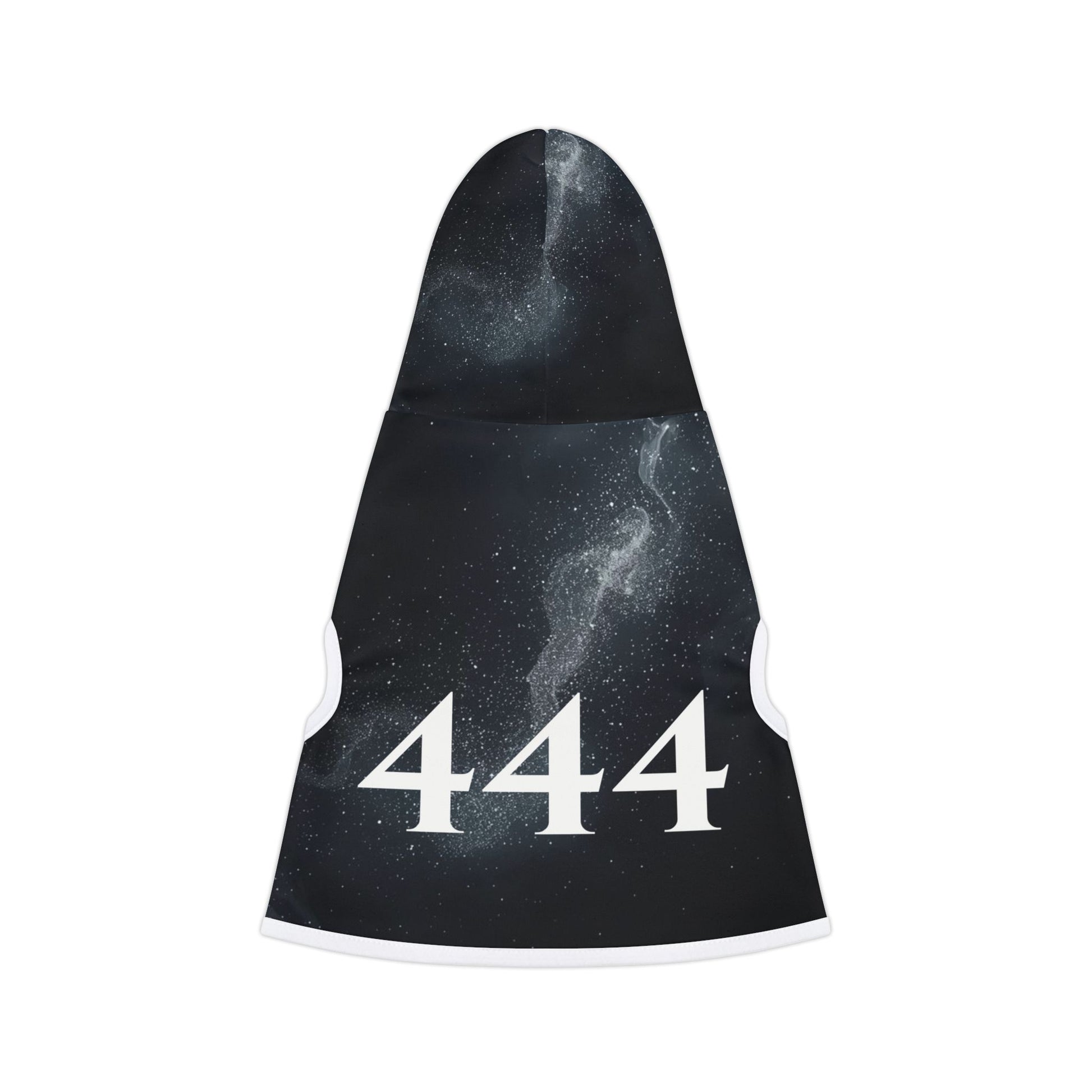 Close-up detail of 444 angel number print on pet hoodie