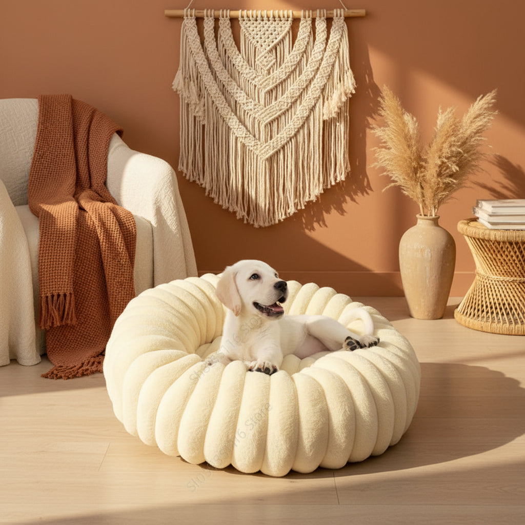  Cream ribbed faux rabbit-fur plush round donut pet bed on wooden floor beside sofa