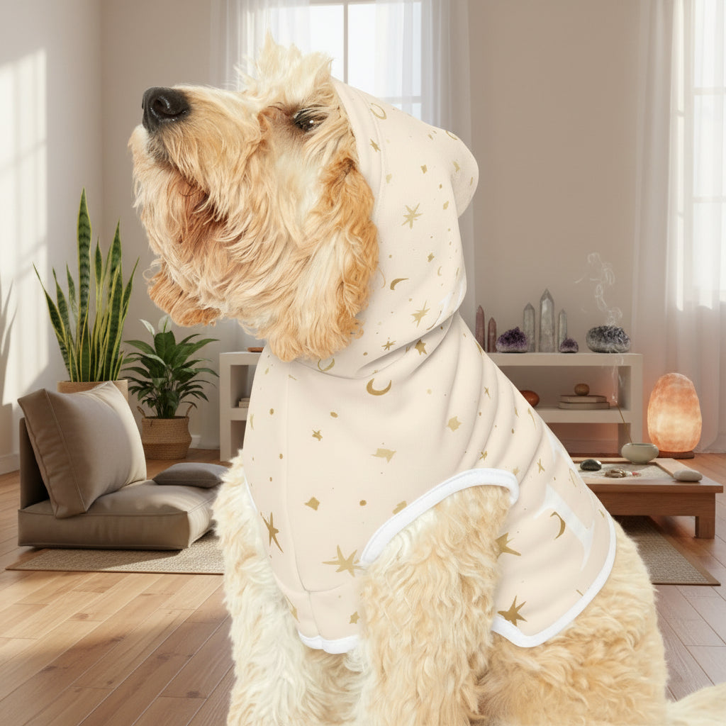 Close-up of cream fabric with golden celestial stars and moons