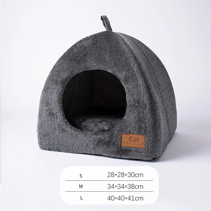 Gray pet bed with dimensions label on a white background