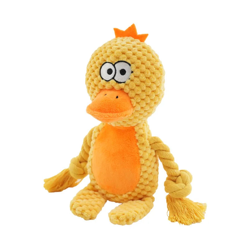 Yellow dog duck plush toy with orange accents on a white background