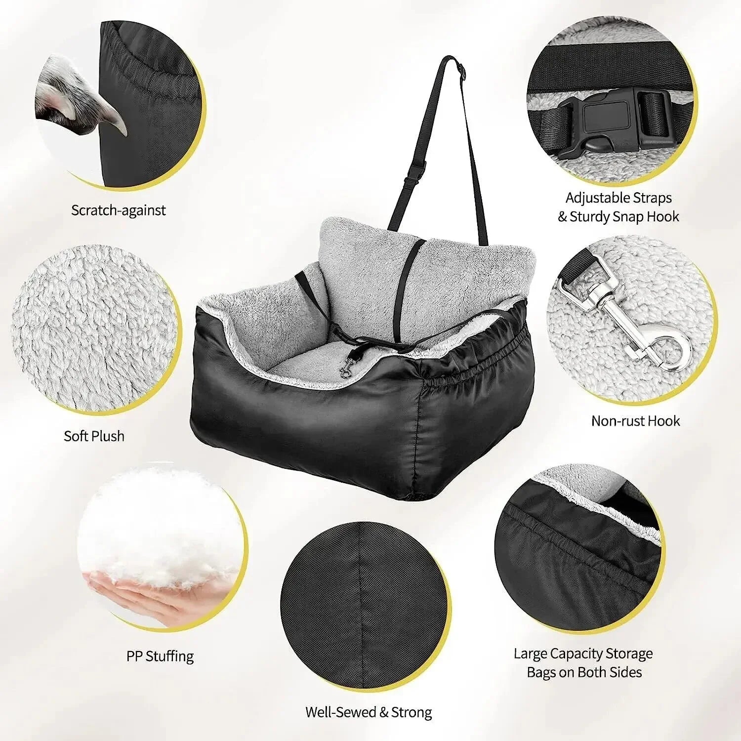 Dog car seat with features highlighted on a white background
