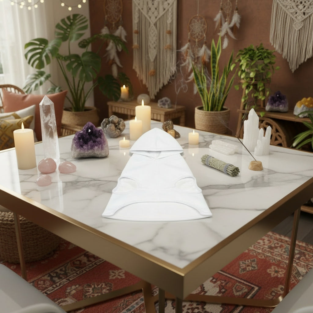 dog in 11:11 protection hoodie showing cozy fit.