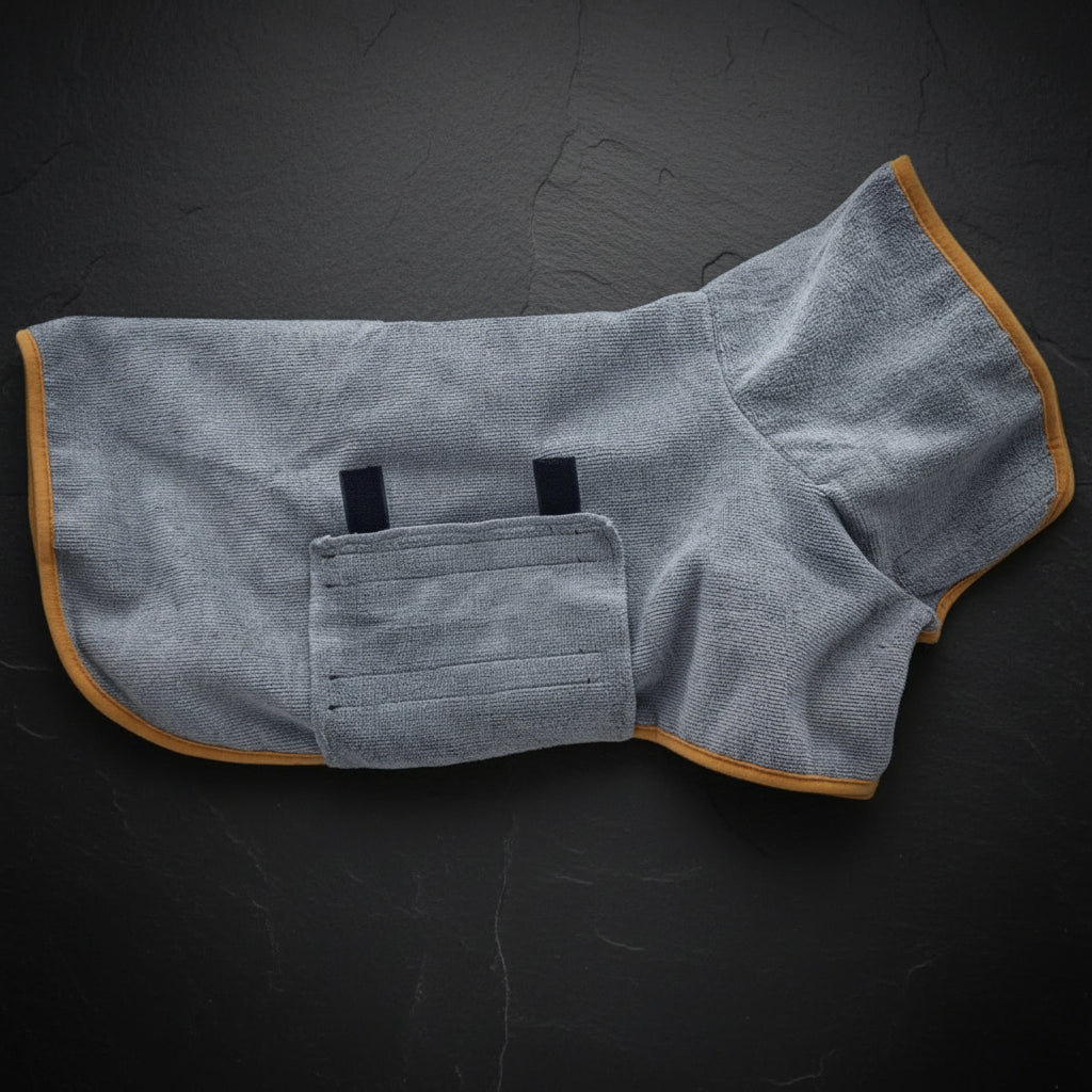 adjustable dog bathrobe secure fit fastening grey