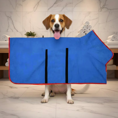 dog wearing absorbent bathrobe drying after bath