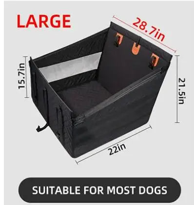 Black pet carrier with dimensions on a gray background