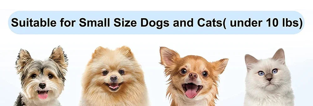 Four small dogs and a cat with text indicating suitability for small size pets under 10 lbs.