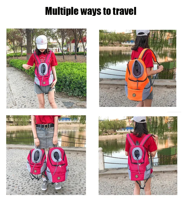 Person using a pet carrier backpack in various settings with text 'Multiple ways to travel'.
