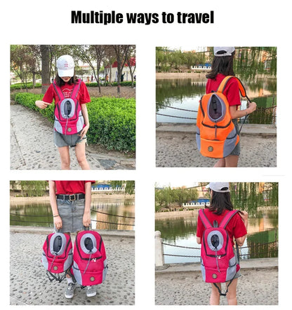 Person using a pet carrier backpack in various settings with text 'Multiple ways to travel'.