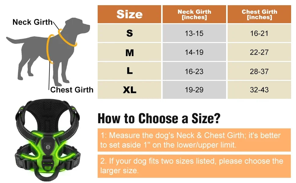 NightShield dog harness size guide with measuring instructions and neck chest measurement table