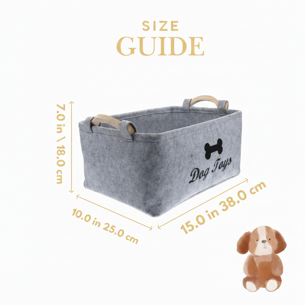 Size guide diagram showing felt pet storage basket dimensions, approximately 38 cm long by 25 cm wide
