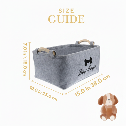 Size guide diagram showing felt pet storage basket dimensions, approximately 38 cm long by 25 cm wide