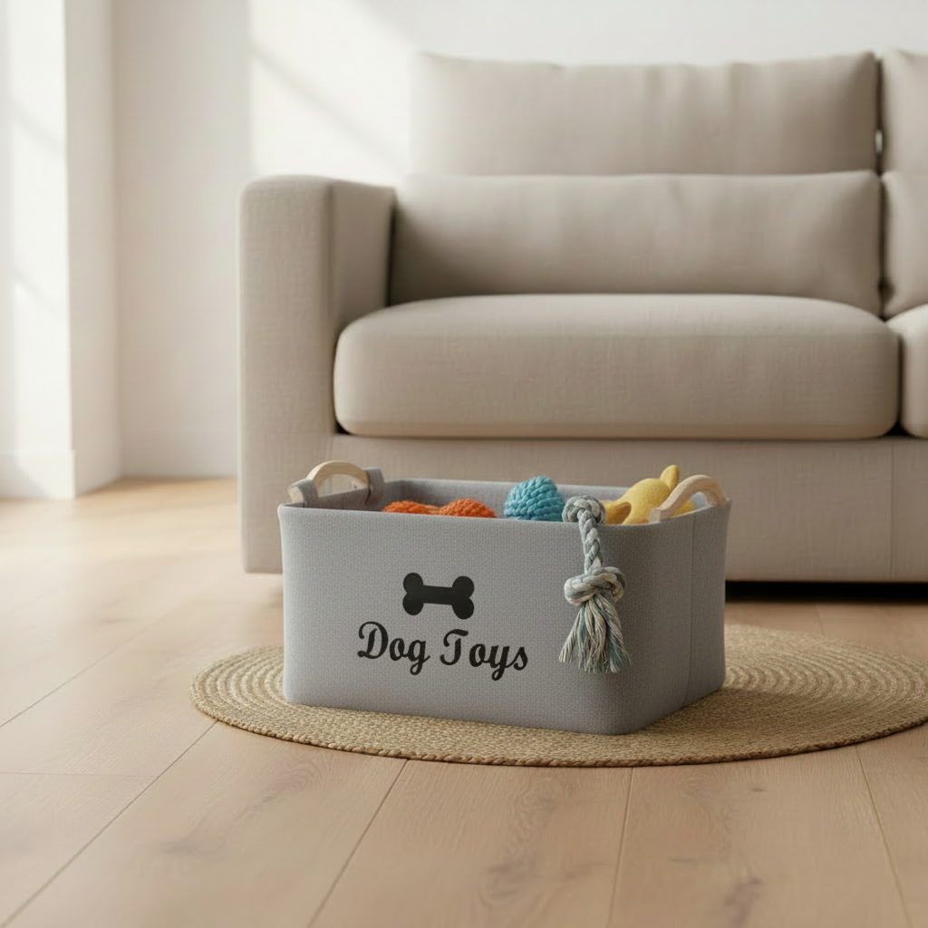  Grey felt dog toy basket placed beside a sofa, filled with plush toys and rope tugs in a neutral home
