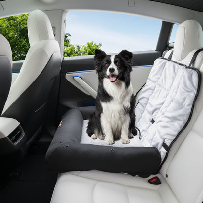 dog elevated booster seat looking out window