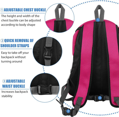Pink and black backpack with adjustable features on a white background for carrying dogs