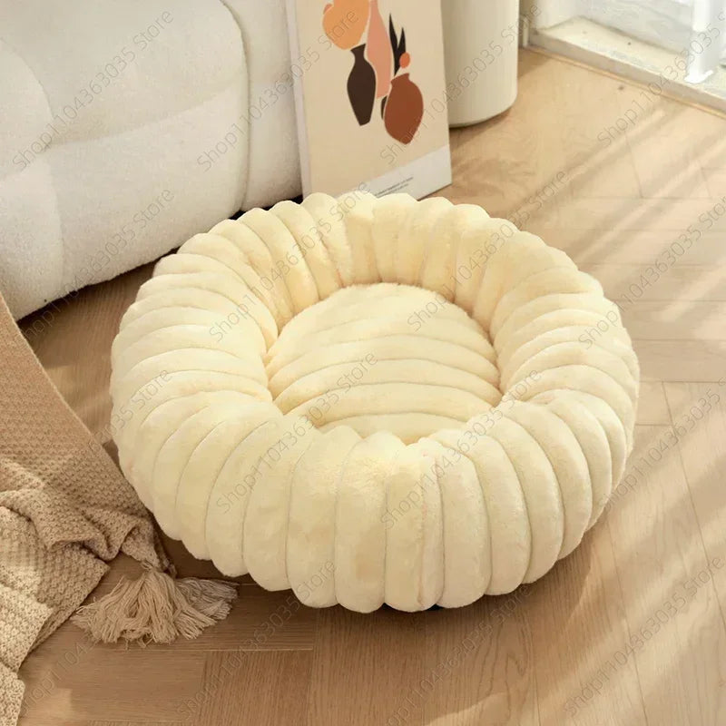 Dove grey ribbed faux rabbit-fur plush round donut pet bed in living room